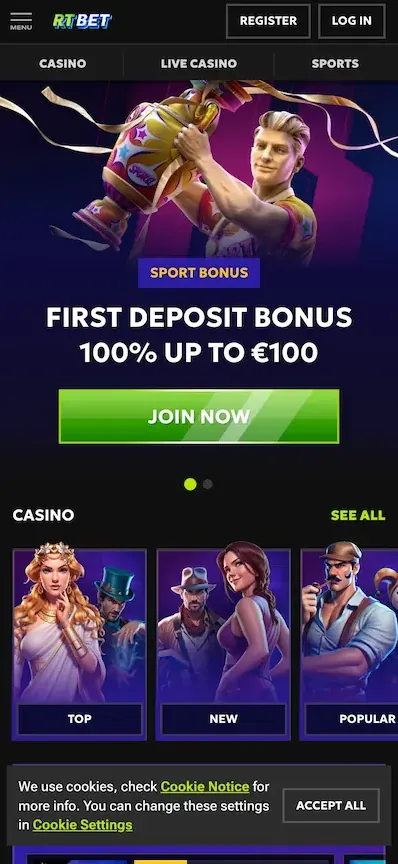 Descarga e instala la aplicación móvil de RTbet en tu smartphone para apostar y jugar casino.